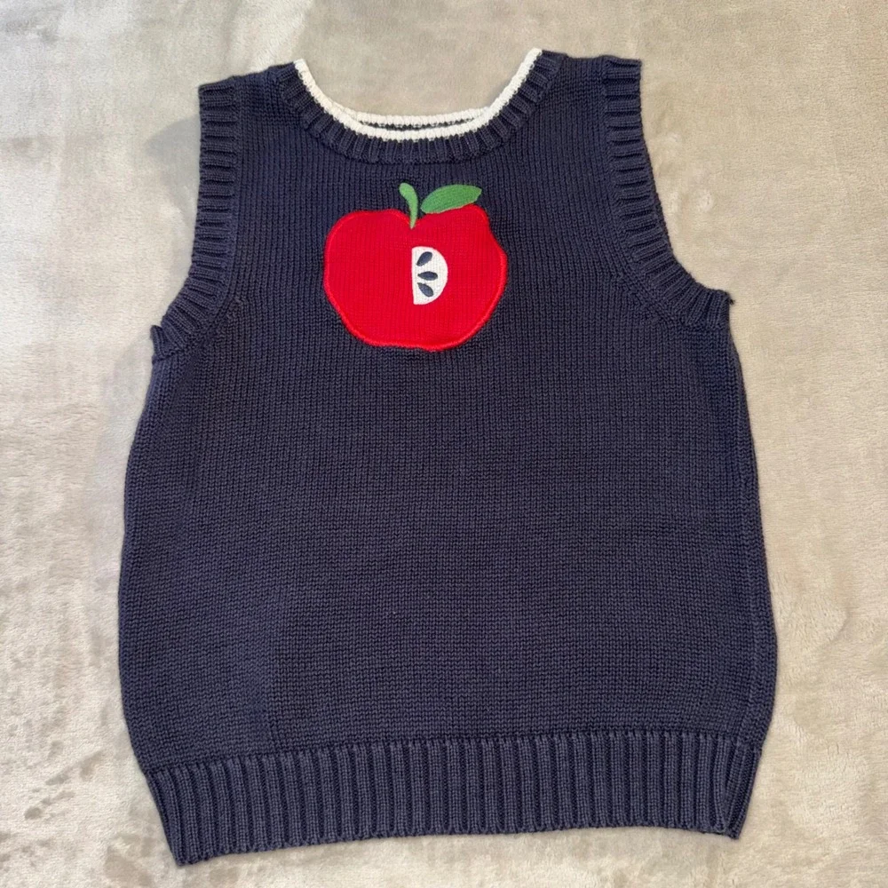 Gymboree Girls Y2K 2007 Apple Sweater Vest and Flare Jeans Set Navy Blue Size 7